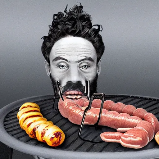 Image similar to a charcoal grill with sausages in the style of surrealist painter Salvador dali