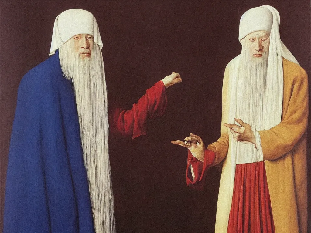 Prompt: Portrait of albino mystic with blue eyes, with Sufi whirling dervish. Painting by Jan van Eyck, Audubon, Rene Magritte, Agnes Pelton, Max Ernst, Walton Ford