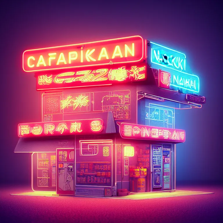 Prompt: origami mini cyberpunk convenience store has a neon sign of 2 4 hours, fantasy, elegant, highly detailed, artstation, concept art, smooth, sharp focus illustration, created by jan urschel and sylvain sarrailh ， 4 5 ° 3 d viewing angle ， pixel art, pixel style