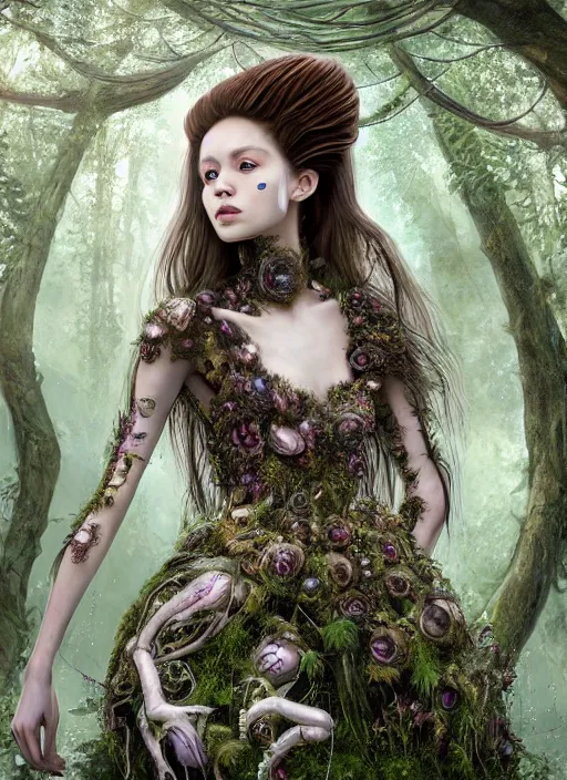 Prompt: a beautiful hyperrealistic ultradetailed 3D, one girl, long hair, jewelry face mask, in a magnificent McQueen couture clothes on the background of a futuristic forest, Designer clothes, futuristic clothes, clothes from the future, biopunk, voge photo, fashion style, fullbody, in full growth, intricate, elegant, highly detailed, artstation, concept art, smooth, sharp focus, illustration, art by greg rutkowski and orientalism and bouguereau and Zdzislaw Beksinski, good clear quality, lighting, biology