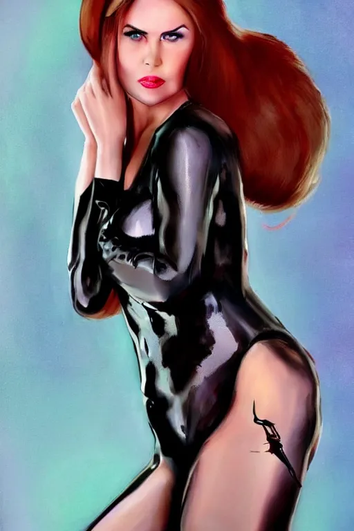 Image similar to mix of beautiful young maria shriver, mariel hemmingway, brooke shields, nicole kidman and elle macpherson as a dominatrix, thin lips, hair tied up in a pony tail, dark blonde hair, colorful, deviantart, artstation, cgsociety