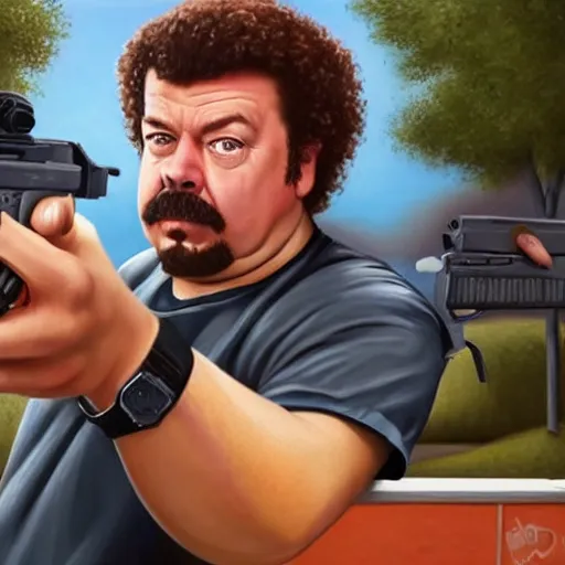 Image similar to danny mcbride robbing a mcdonald's at gunpoint, realism, 4 k,