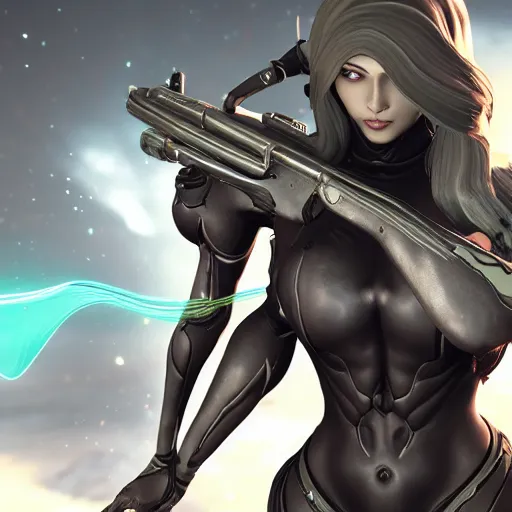 Image similar to photograph of female Saryn!!!!!!!!!!!! warframe holding a rifle!!!!!!!, 8k resolution, high detail, ULTRA REALISTIC VFX, reflections