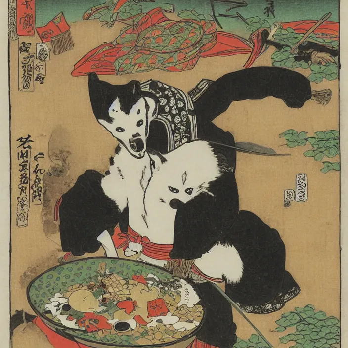 Image similar to comic book artwork of a shiba inu samurai eating a bowl of rice by Utagawa Kuniyoshi
