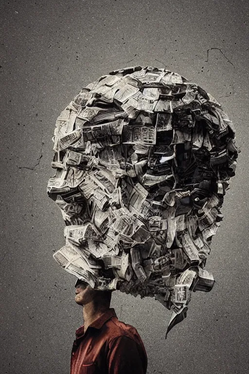 Image similar to a dark high quality studio portrait of an exploding human head made from antique newspaper, intricate, morbid, dark cinematic lighting, surreal photography, simon stalenhag