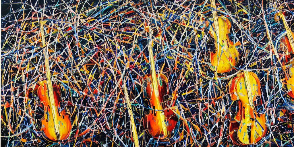 Prompt: an ultra detailed oil painting where the strings section of a symphony is interpreted by applied paint strokes, hyper - detailed, structured, grid, sheet music, pops of triadic colors, jackson pollock, pierre soulages