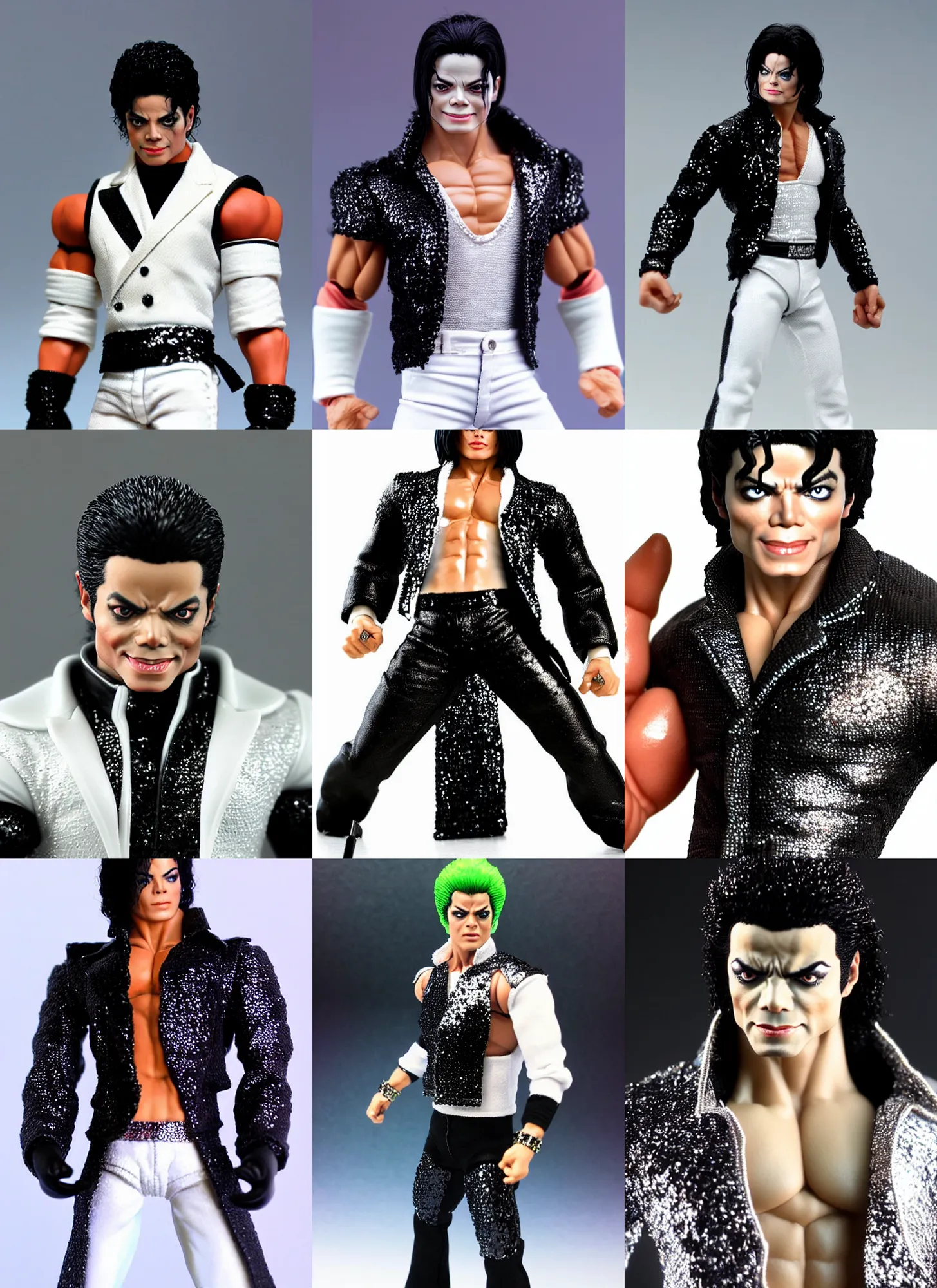 Prompt: michael jackson oversized muscular hulked powerlifter by neca!!! pretty! beautiful! shirtless muscular white pants black sequined jacket very detailed realistic action figure by neca. face very close up shot headshot. in the style of tekken 5, character from mortal kombat, film still, bokehs