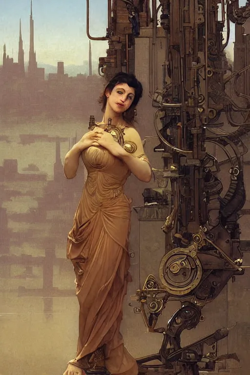 Prompt: brass semi - mechanical woman, portrait, floral art novuea dress, art by ardian syaf and moebius, william adolphe bouguereau, in steampunk cityscape