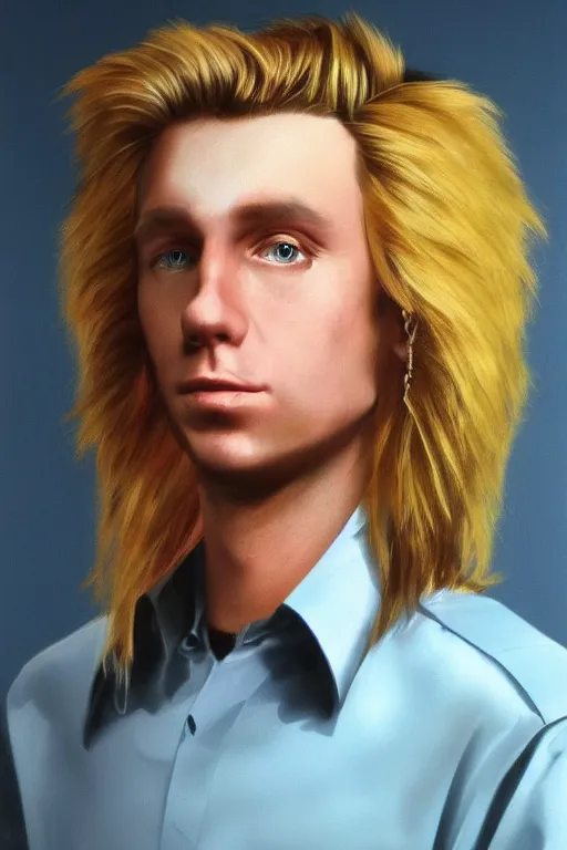 Prompt: an original beeple digital art portrait of a typical member of generation x, in the style of a 1 9 8 0's glamour shot, beautiful flowing mullet hairstyle