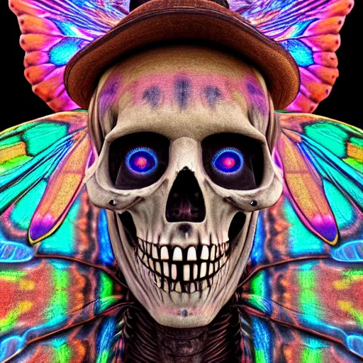 Image similar to a portrait of a skelton with moth wings, highly detailed, digital photo, hdri, by christopher bretz and john carpenter, vivid colors, high contrast, 8 k resolution, intricate, photorealistic, smooth, psychedelic color scheme, concept art, award winning, cg society contest winner