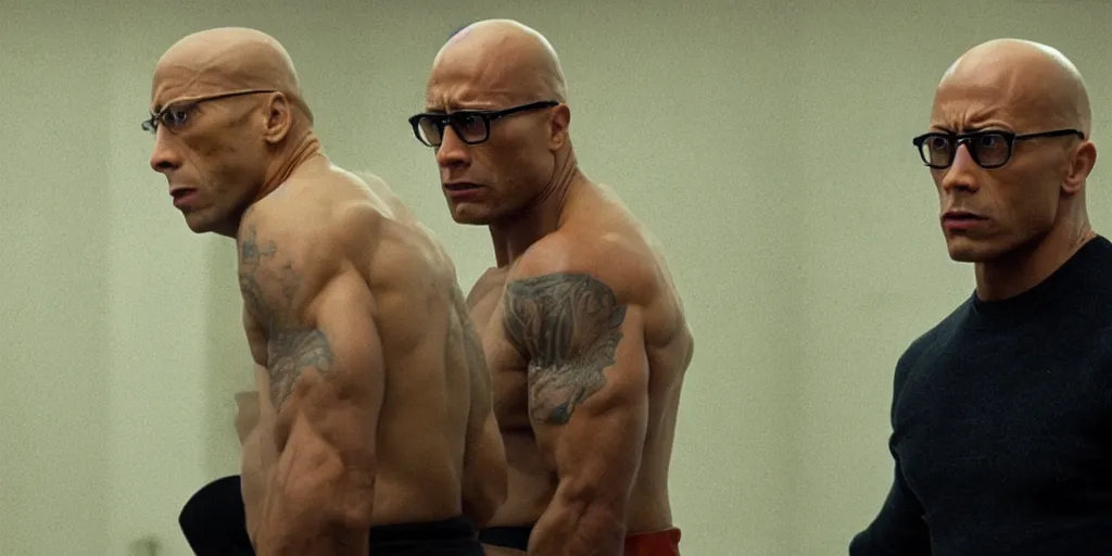 Image similar to Very intense fight sequence with Michel Foucault played by Dwayne Johnson in Foucault the biopic