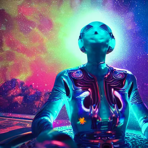 Image similar to psychedelic liquids space people, colorful, cinematic, by wlop, super detailed, unreal engine 5, octane render, vfx, houdini, 8 k, super realistic