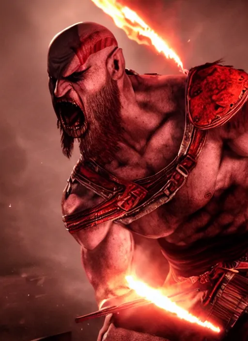 Image similar to red facial stripe armored screaming kratos rocking hard on a flaming stratocaster guitar, cinematic render, god of war 2 0 1 8, playstation studios official media, lightning, flames, clear, coherent, guitar