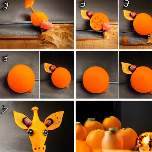 Image similar to making of an edible giraffe from an orange in 4 steps, each step is a progression from the last, starting from a whole orange, the beautiful'how to make food art step by step collection ', dslr