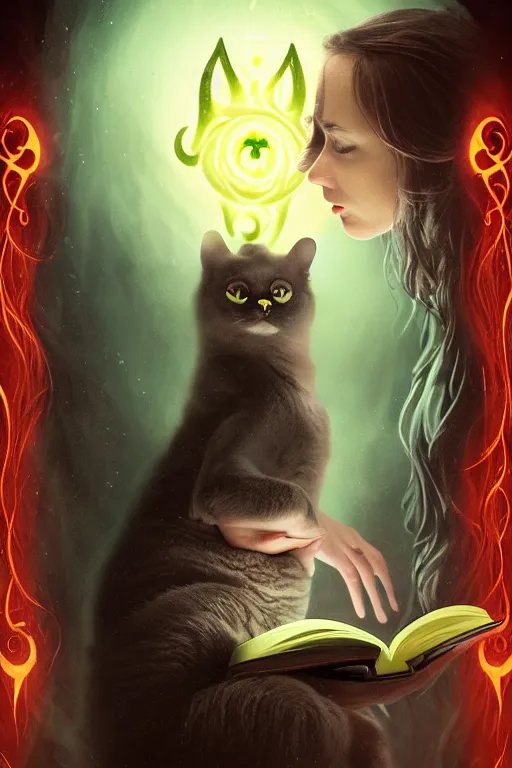 Image similar to romantic photo of bright girl, her cat and her book of necronomicon, symmetrical, cinematic, real dlsr photography, sharp focus, 4 k, ultra hd, sense of awe, sinister demonic atmosphere, dreadful, forbidden knowledge, old gods, cthulhu, yog - sothoth! yah, yah, yah! cultist journal cover