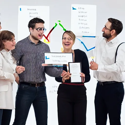 Image similar to An award-winning photograph of a group of data scientists presenting some terrible graphs to the laughing CEO