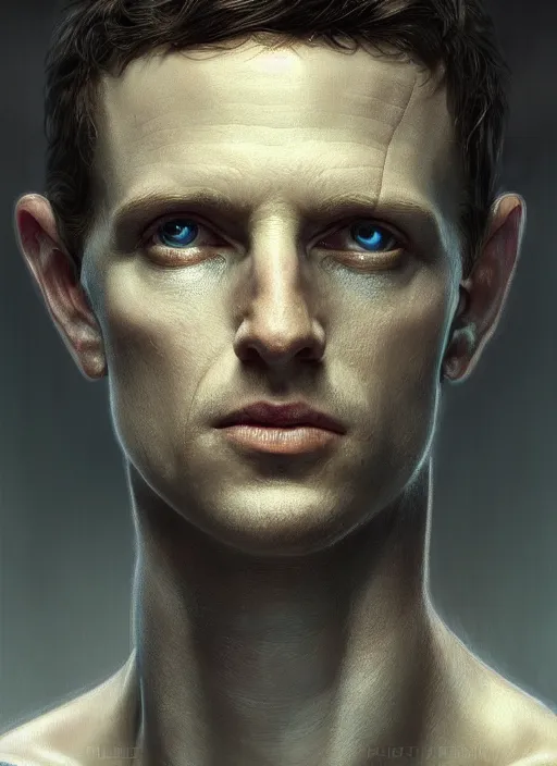 Prompt: mark zukerberg as male android!!!, pale, lifeless, portrait, intricate, elegant, highly detailed, digital painting, artstation, concept art, wallpaper, smooth, sharp focus, illustration, art by h. r. giger and artgerm and greg rutkowski and alphonse mucha