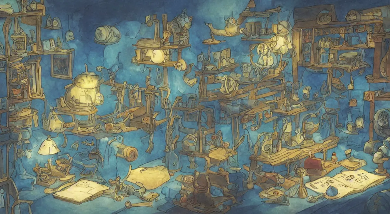 Prompt: cartoon wizard, scrolls of magic , blue light , shelves of scrolls and magic books , pot of alchemy , Dramatic lighting, Epic composition, Wide angle, by Miyazaki, Nausicaa Ghibli