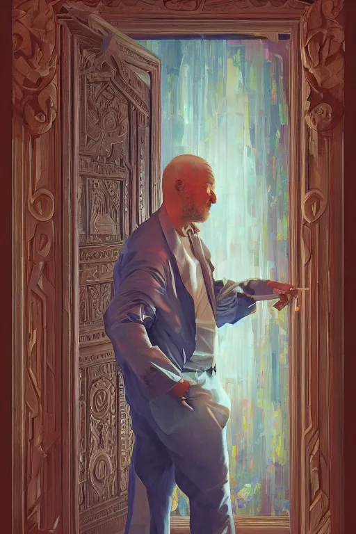 Prompt: a painting of a man standing in front of a doorway, poster art by Thomas Cornell, by Kuno Veeber, cgsociety, assemblage, tesseract, fractalism, dynamic composition