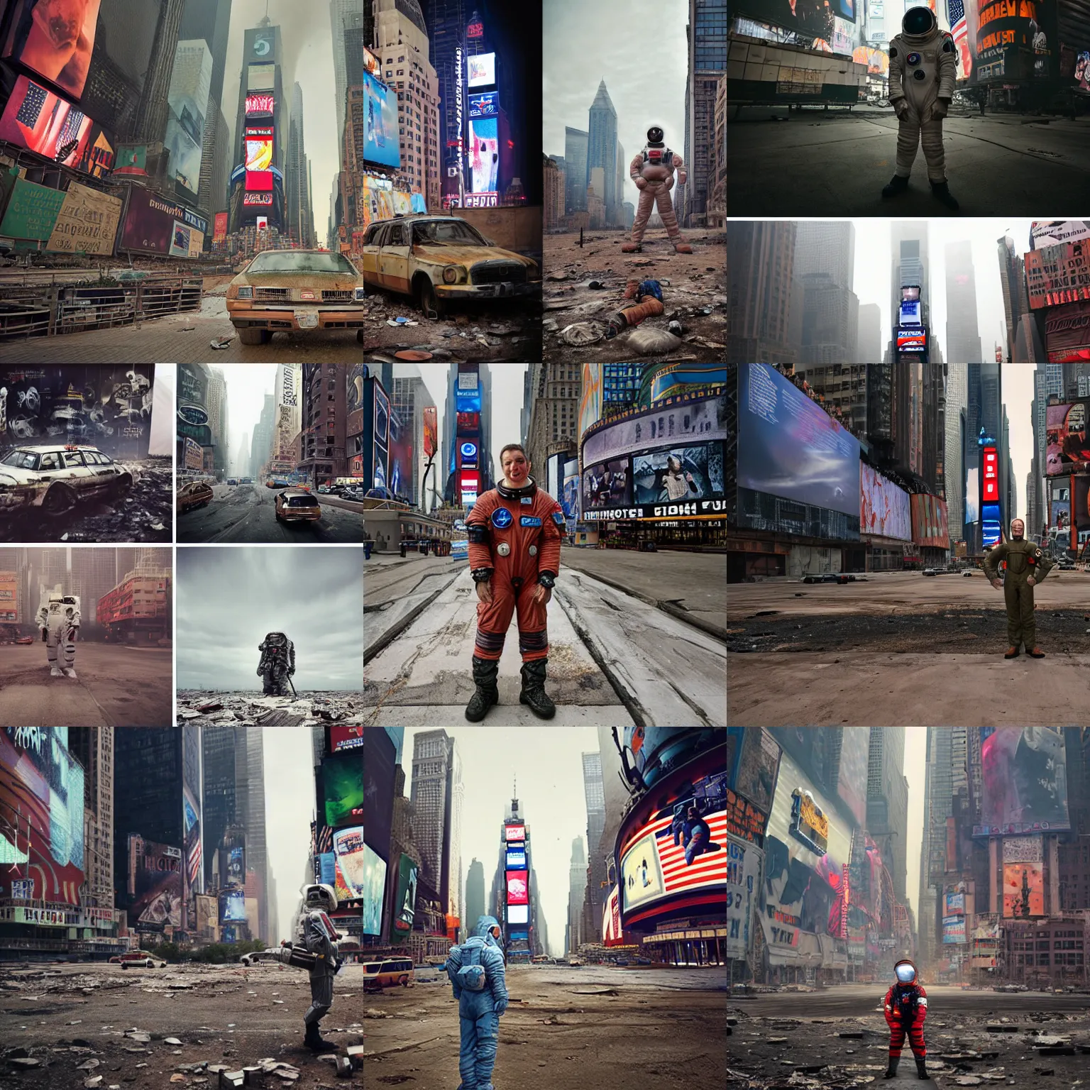 Prompt: american spacesuit astronaut in postapocalyptic abandoned times square, overcast, by steve mccurry, by oleg oprisco, by thomas peschak, by nasal, by victor enrich, by gregory crewdson