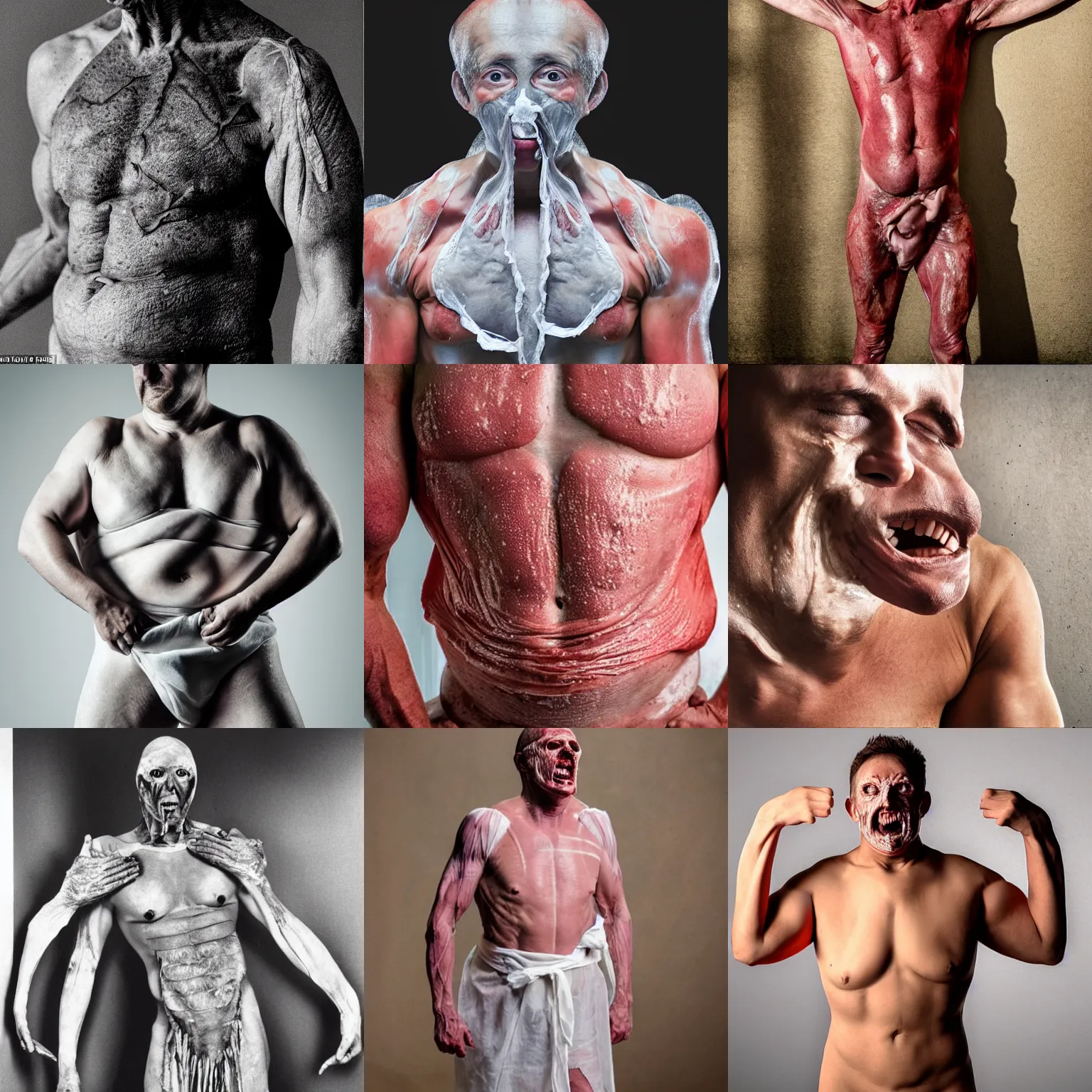 Prompt: horror image of a peeled man with exposed muscle, wearing robes made of his own skin