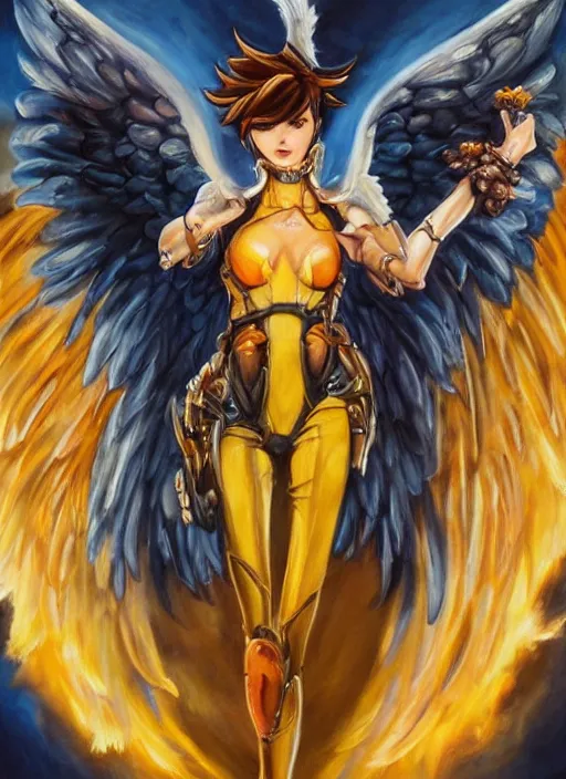 Prompt: full body oil painting of tracer overwatch in the style of julie bell, angel wings, dramatic painting, symmetrical composition, ornate, golden chains, silky garment, high detail, gold detailed collar!!!!!, blooming, angelic, lights, flowers, heavenly, bright, detailed face,