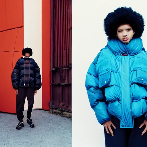 Image similar to realistic! photoshoot for a new balenciaga lookbook, color film photography, portrait of a beautiful woman wearing a puffer jacket, photo in style of tyler mitchell, 35mm