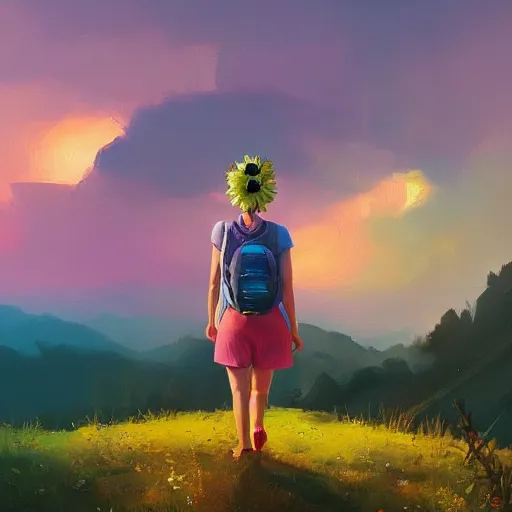 Image similar to giant daisy flower head, girl hiking in the mountains, surreal photography, sunrise, dramatic light, impressionist painting, colorful clouds, digital painting, artstation, simon stalenhag