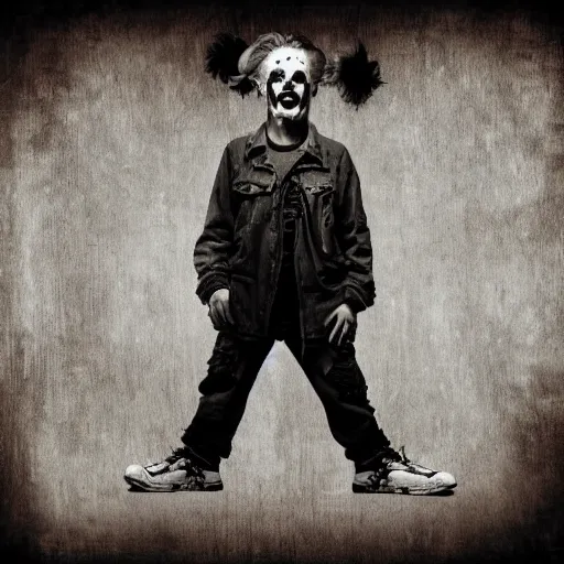 Prompt: « grunge illustration worn down clown, with a very depressing background and lights »