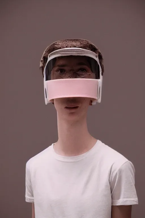 Image similar to a high definition film photograph of a normal androgynous robot human wearing a plain white t - shirt, in a pastel pink room. happy. visor covering eyes. chrome. crushed shadows.