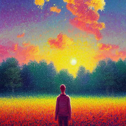 Prompt: head made of flowers, standing in a flower field, big trees, sunrise dramatic light, impressionist painting, colorful clouds, digital painting, pointillism, artstation, simon stalenhag