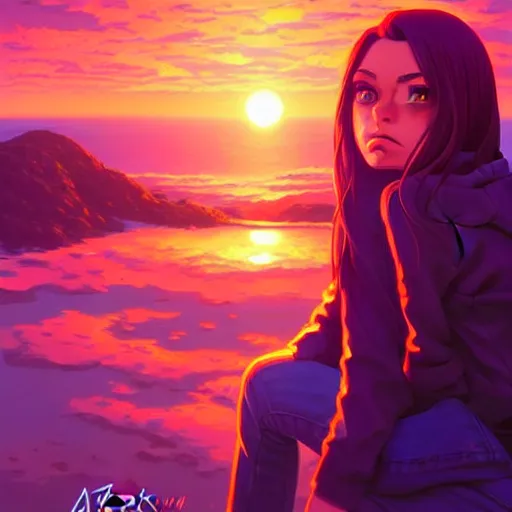 Image similar to Mila Kunis, sunset, intricate, highly detailed, digital painting, artstation, official media, anime key visual, concept art, rich vivid colors, ambient lighting, sharp focus, illustration, art by Artgerm, Makoto Shinkai, Ilya Kuvshinov, Lois Van Baarle, and Rossdraws