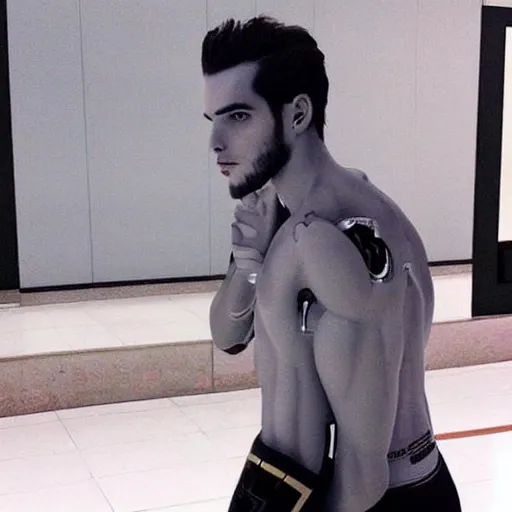 Image similar to “a realistic detailed photo of a guy who is an attractive humanoid who is half robot and half humanoid, who is a male android, Tyler Seguin, shiny skin, posing like a statue, blank stare”