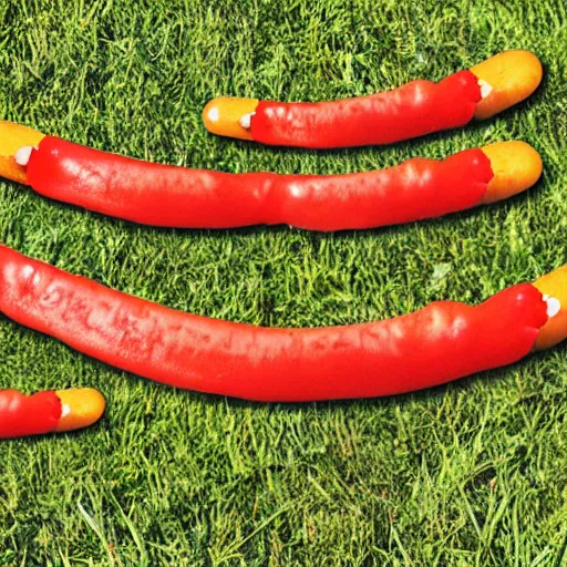 Prompt: hotdog centipede crawling in the grass