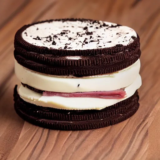 Image similar to oreo Ice cream sandwich with sliced ham in the middle, 4K photo, studio lighting