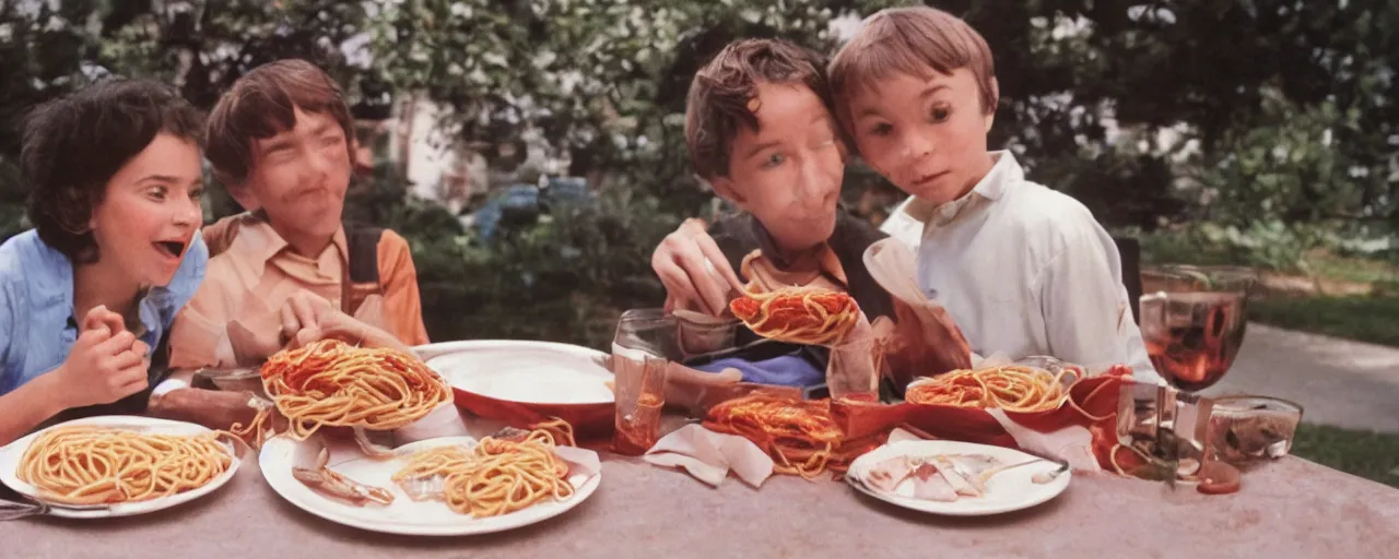 Image similar to a boy and girl on a date, sharing a plate of spaghetti kodachrome, in the style of lady and the tramp, retro