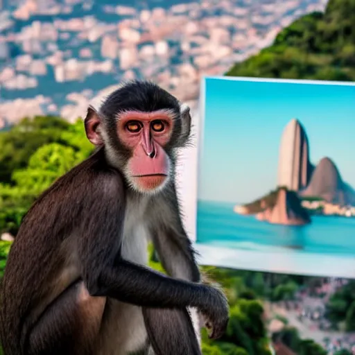 Image similar to high quality portrait of a monkey in front of Christ The Redeemer, studio photograph, photograph, realistic photo, 8k photo, 4k photo, stock photo, high resolution, cinematic shot, high detail