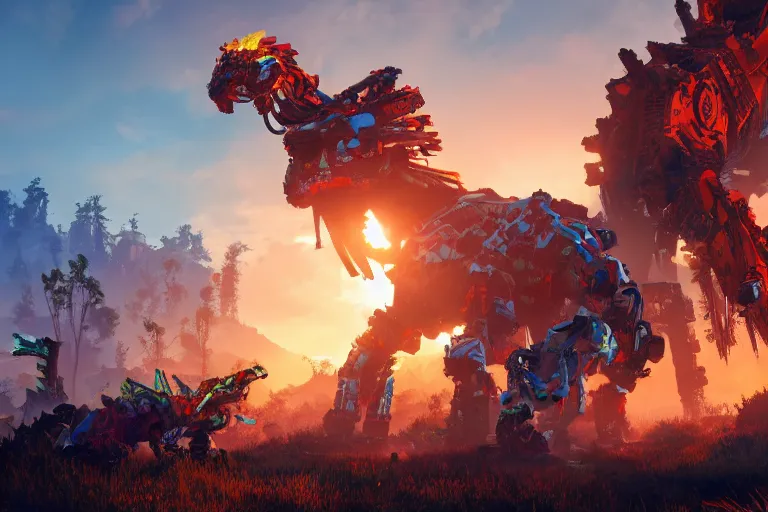 Image similar to fireclaw machine mecha animal beast robot of horizon forbidden west horizon zero dawn bioluminiscence global illumination ray tracing hdr fanart arstation by sung choi and eric pfeiffer and gabriel garza and casper konefal