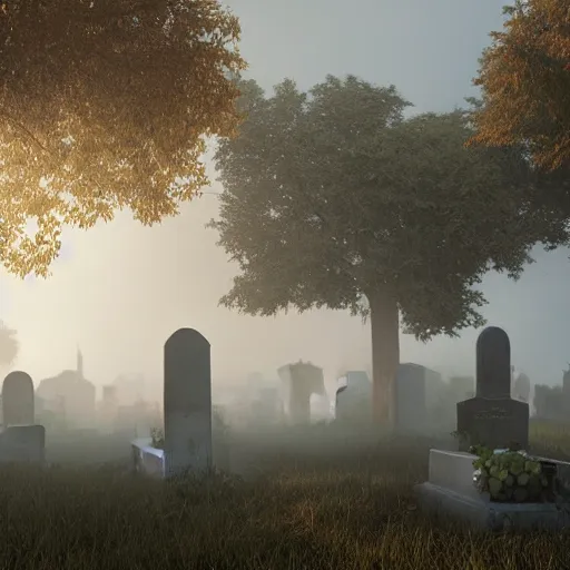 Image similar to still shot of a grave yard covered in morning fog, highly detailed, photorealistic portrait, bright studio setting, studio lighting, crisp quality and light reflections, unreal engine 5 quality render