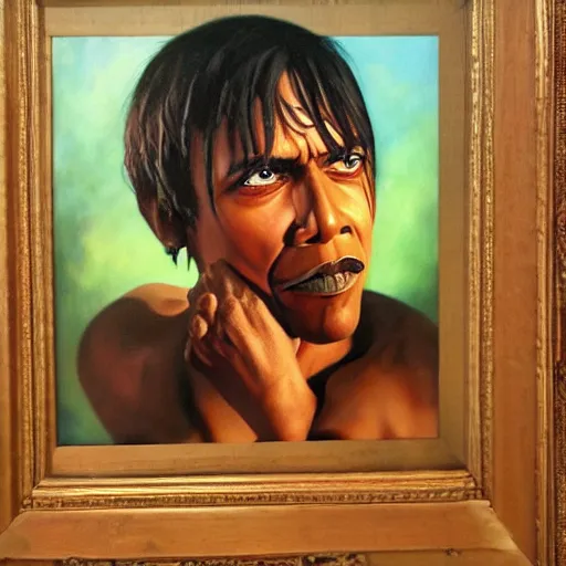 Image similar to detailed portrait of emo obama intricate, hyper detailed, realistic, oil painting, by julie bell, frank frazetta, cinematic lighting