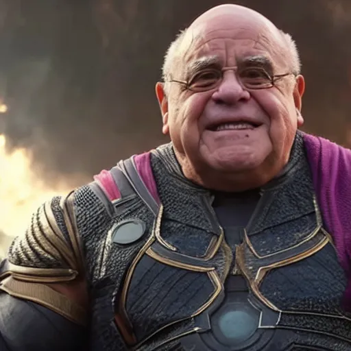 Image similar to a screenshot of Danny Devito playing Thanos in Avengers Endgame