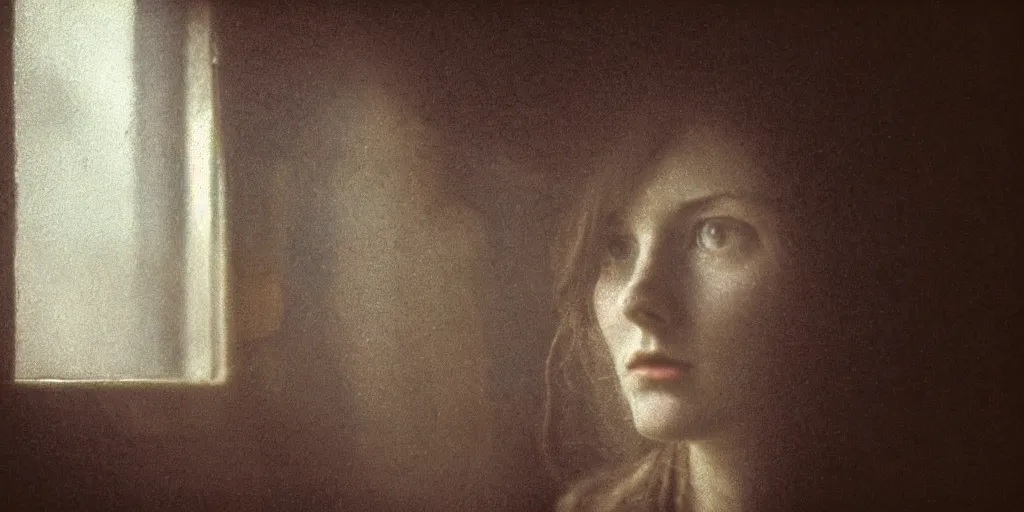 Image similar to portrait bust of young woman, tired expression, faded color film, russian cinema, tarkovsky, kodachrome, inside old cabin, next to window, heavy forest outside, long brown hair, old clothing, heavy fog, brown color palette, hudson river school, 4 k, dramatic lighting, greg rutkowski
