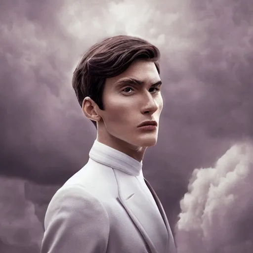 Prompt: portrait of a regal prince with sharp cheekbones, white clothes, high collar, close up, super details, crowd of angry people out of focus surrounding him, modern digital art, matte painting, science fiction