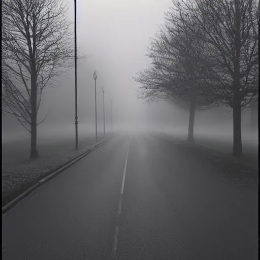 Image similar to Beautiful cameraphone 2000s, soft liminal Photograph of foggy road, hedge night, streetlight.