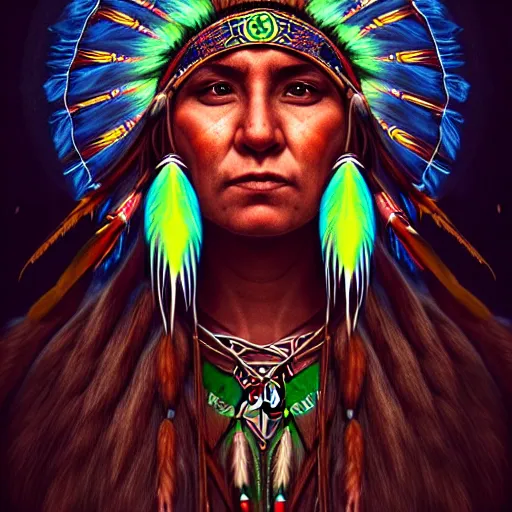 Prompt: : female native american shaman, fantasy magic, celtics, ireland, intricate, sharp focus, illustration, highly detailed, digital painting, concept art, matte, jahbu art ancient, cosmos, cosmic