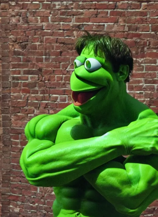 Image similar to Kermit the frog dressed as hulk”, detailed