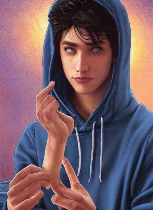 Image similar to handsome young man with short black hair, light blue eyes, detailed neighbourhood background, magical atmosphere, tarot card, glowing, golden hour, wearing jeans and a black hoodie, realistic painting by ross tran and gerald brom and alphonse mucha, trending on artstation