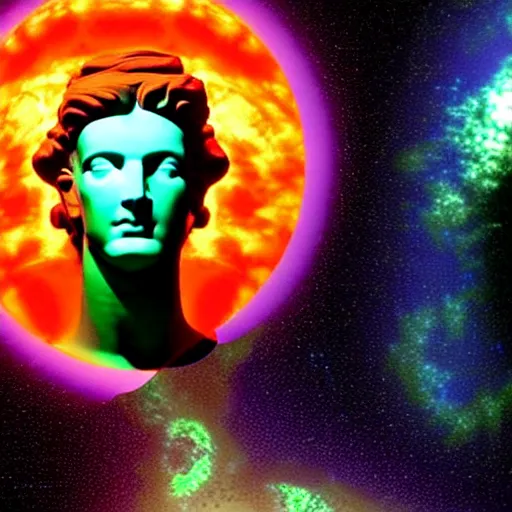 Prompt: 3 d sci - fi cgartist double exposure rendering of a hyper realistic marble greek statuary bust floating in space, at the vast pulsating interdimensional fractal space portal at the psychedelic vaporwave ombre event horizon by chris moore, by edward hopper, by col price, trending on artstation
