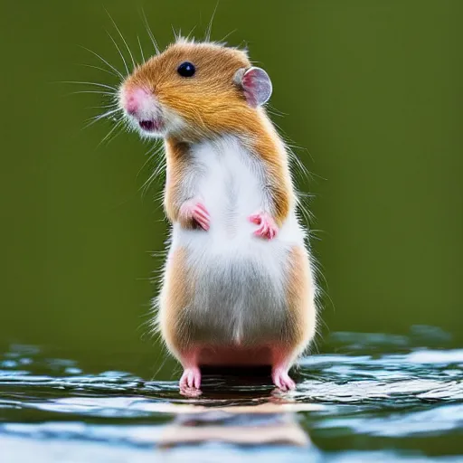 Prompt: a hamster riding on top of a duck, wildlife photography-g