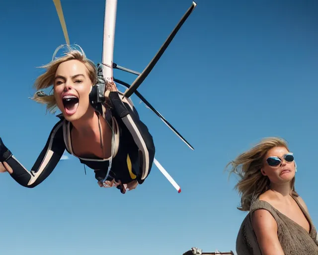 Image similar to margot robbie jumping off a helicopter, in mid air, hyper realistic faces, beautiful eyes, cinematic, long shot, hyper detailed, 8 5 mm photograph, 8 k resolution, film still, sharp lens, wide lens